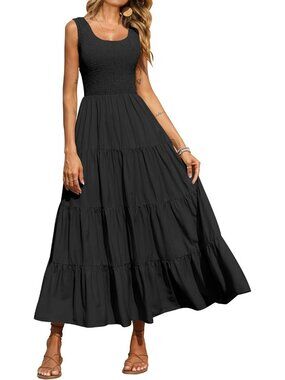 Women's Dress Maxi Black Polyester Scoop Neck Short Vacation Casual Summer